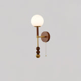 Vintage Roma Wood and Brass Wall Sconce with Glass Shade and Pull Chain Switch