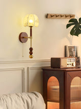 Vintage Roma Wood and Brass Wall Sconce with Glass Shade and Pull Chain Switch