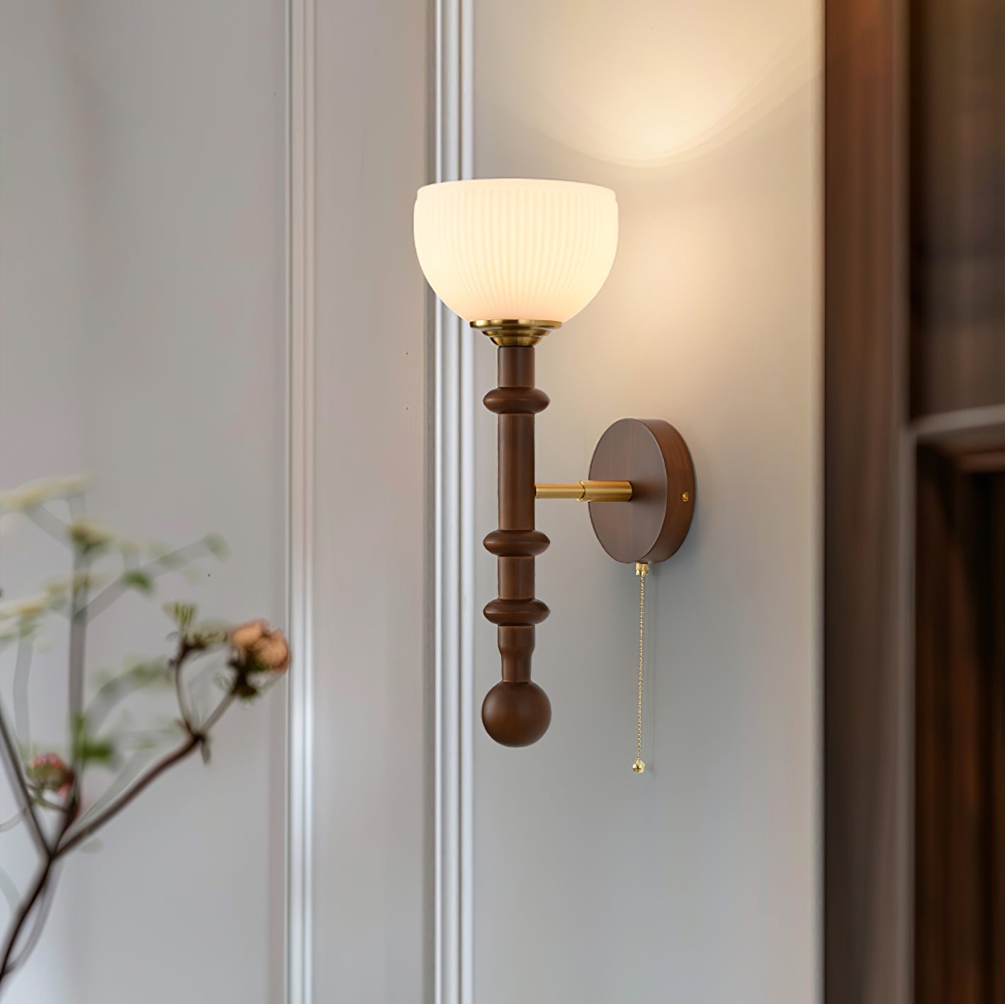 Vintage Roma Wood and Brass Wall Sconce with Glass Shade and Pull Chain Switch