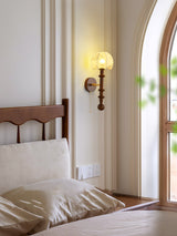 Vintage Roma Wood and Brass Wall Sconce with Glass Shade and Pull Chain Switch