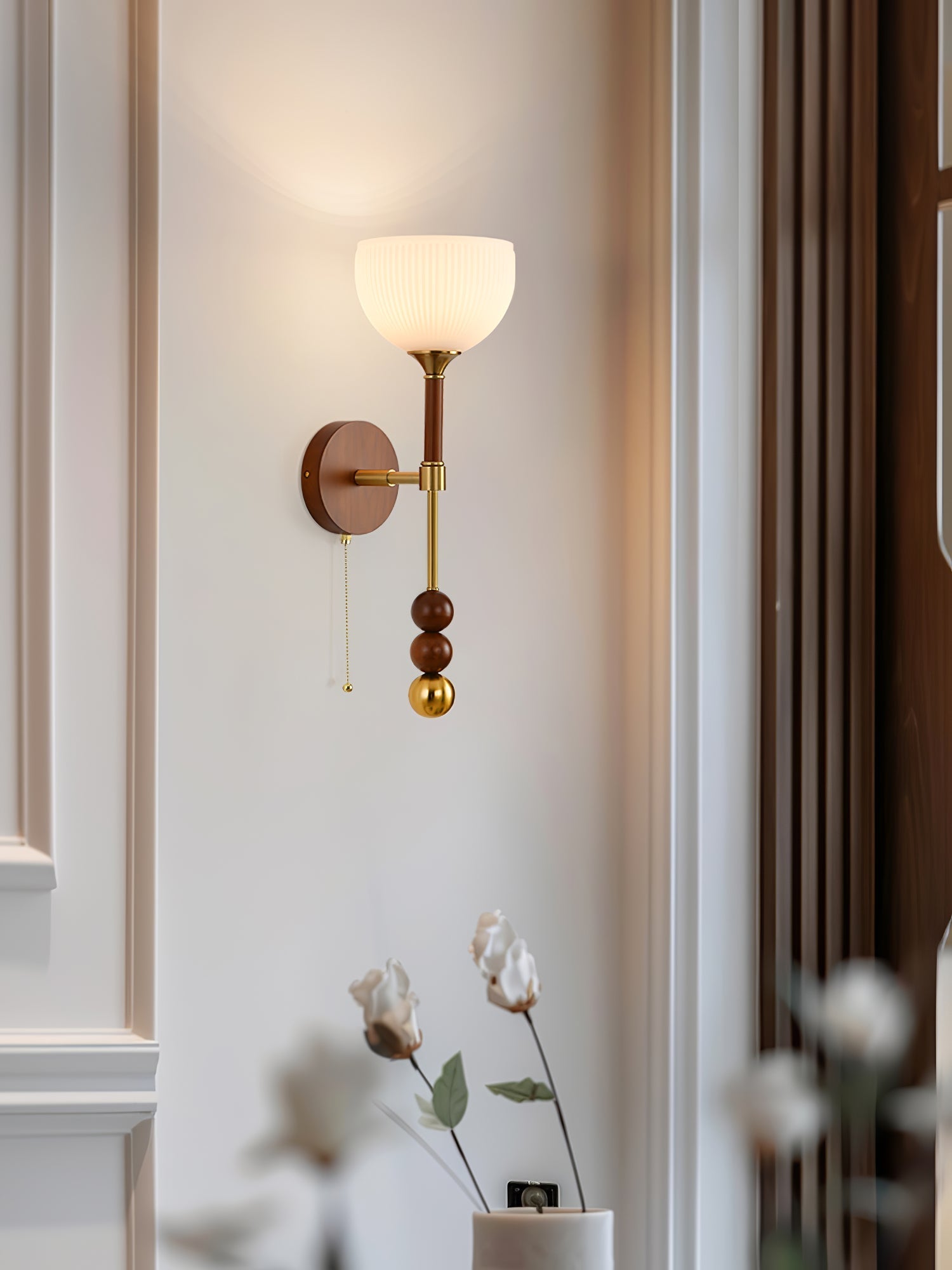 Vintage Roma Wood and Brass Wall Sconce with Glass Shade and Pull Chain Switch