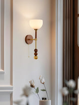 Vintage Roma Wood and Brass Wall Sconce with Glass Shade and Pull Chain Switch