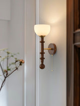 Vintage Roma Wood and Brass Wall Sconce with Glass Shade and Pull Chain Switch
