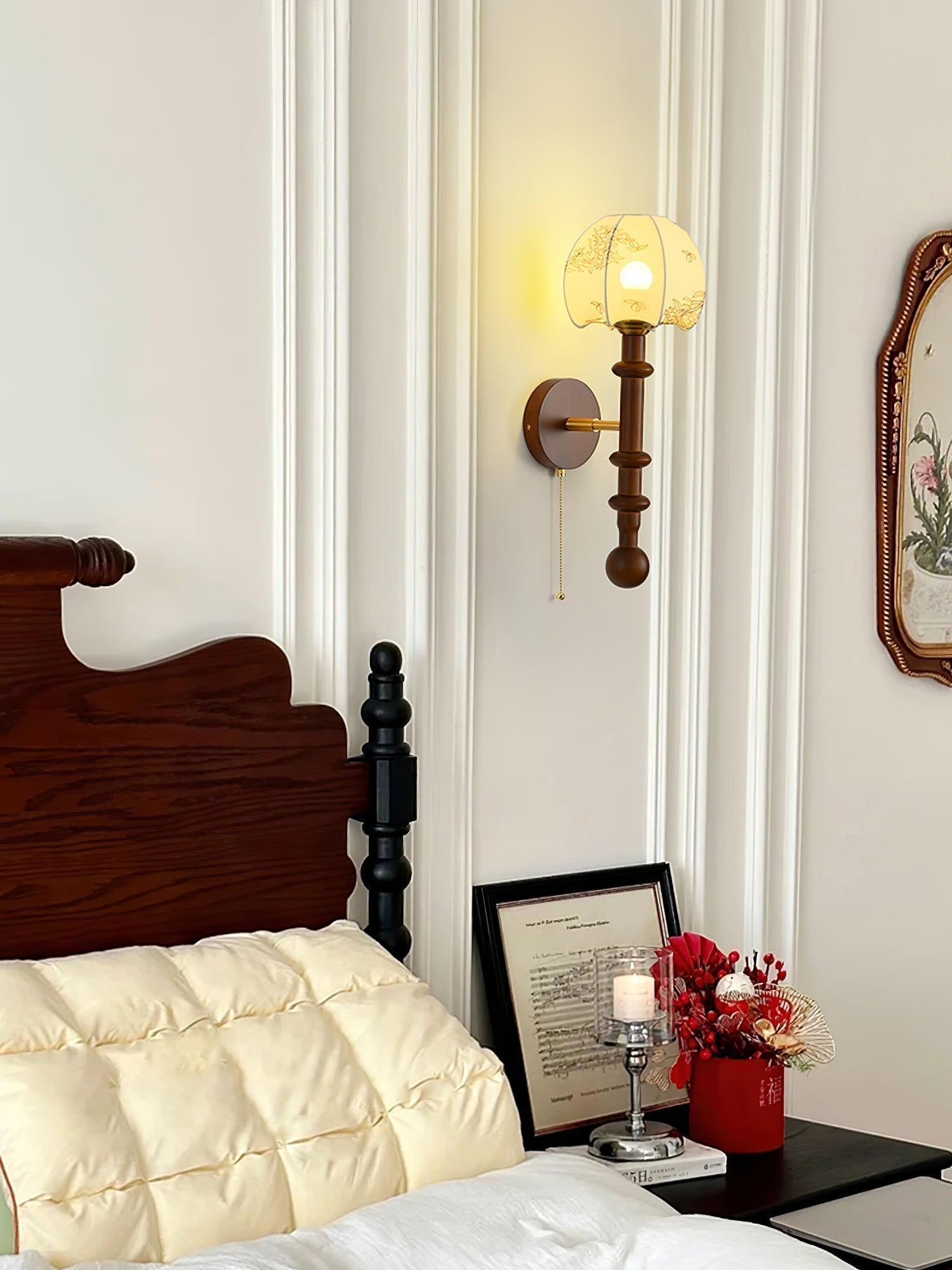 Vintage Roma Wood and Brass Wall Sconce with Glass Shade and Pull Chain Switch