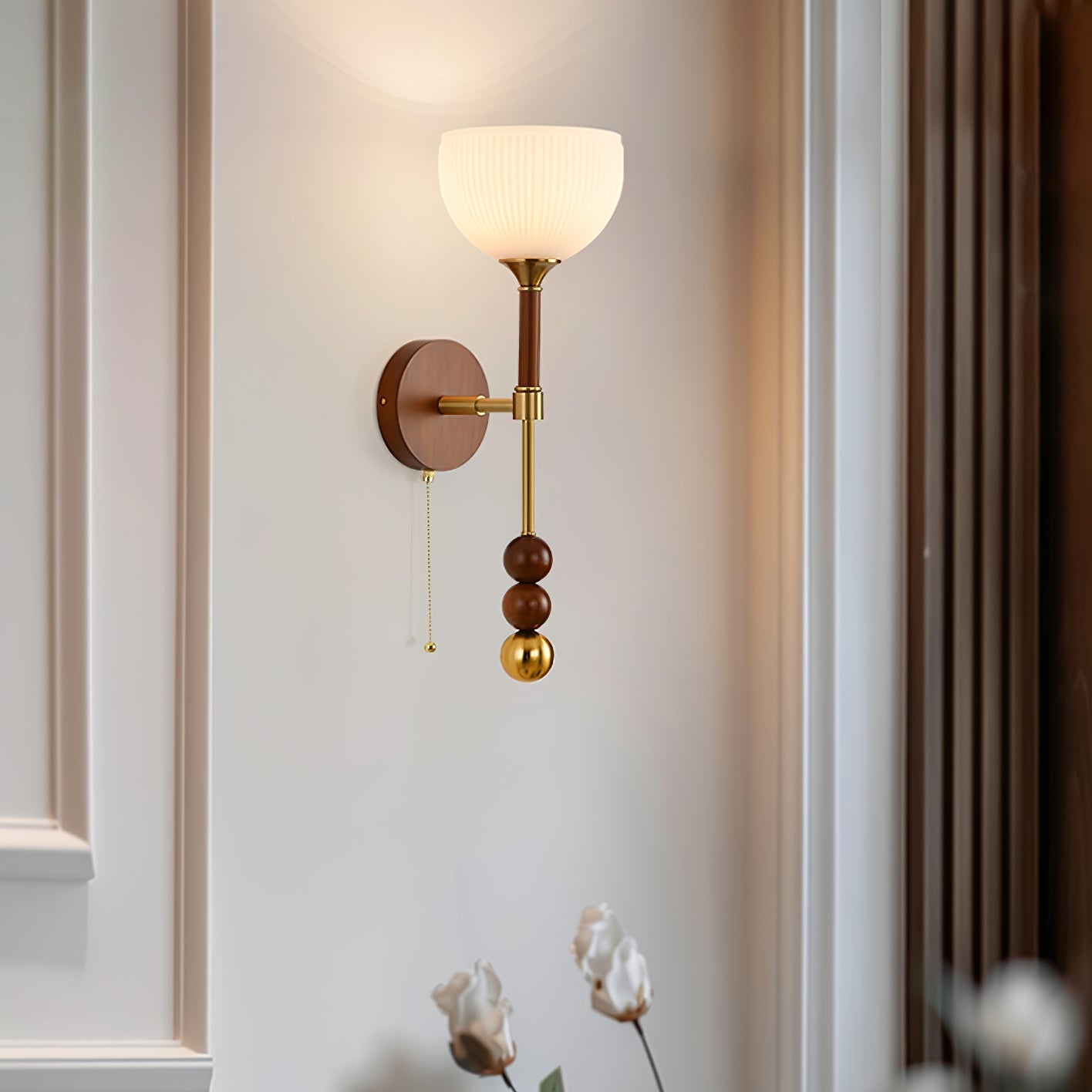 Vintage Roma Wood and Brass Wall Sconce with Glass Shade and Pull Chain Switch