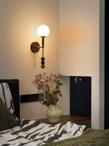 Vintage Roma Wood and Brass Wall Sconce with Glass Shade and Pull Chain Switch