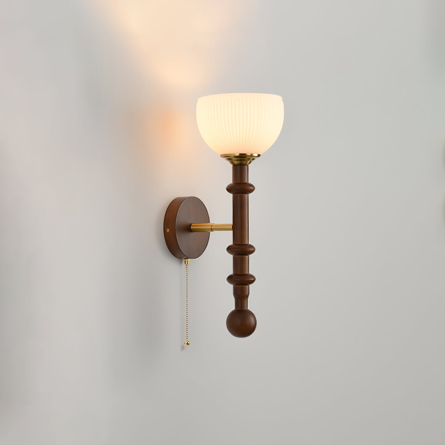 Vintage Roma Wood and Brass Wall Sconce with Glass Shade and Pull Chain Switch