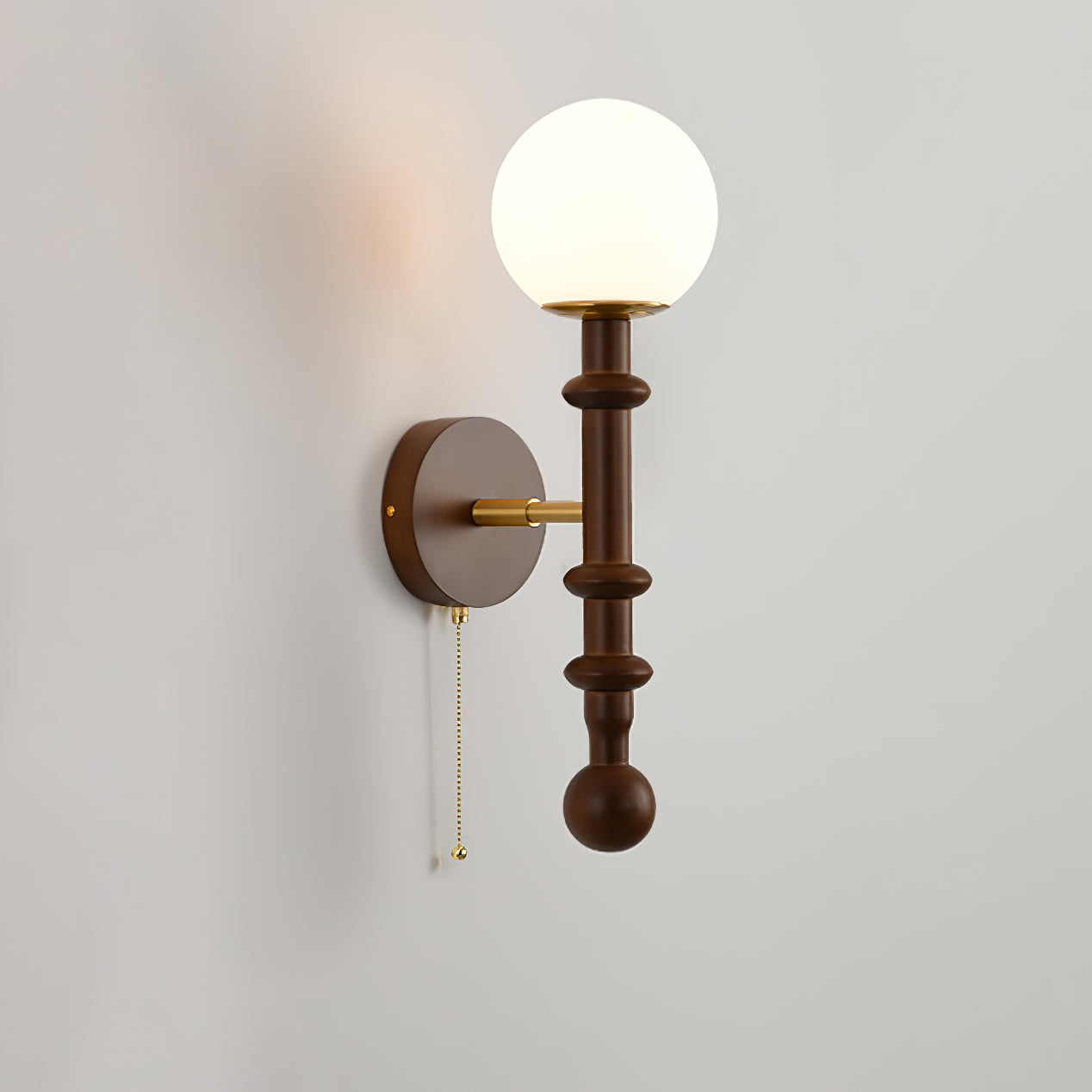 Vintage Roma Wood and Brass Wall Sconce with Glass Shade and Pull Chain Switch