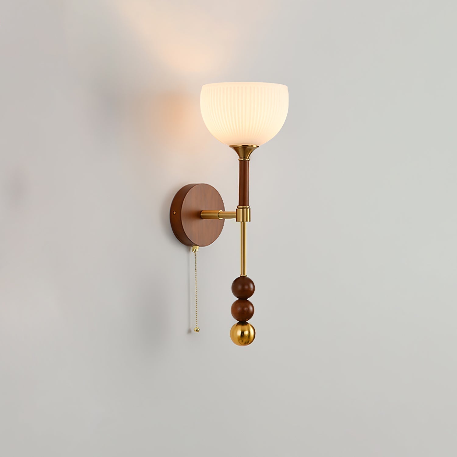 Vintage Roma Wood and Brass Wall Sconce with Glass Shade and Pull Chain Switch