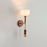 Vintage Roma Wood and Brass Wall Sconce with Glass Shade and Pull Chain Switch