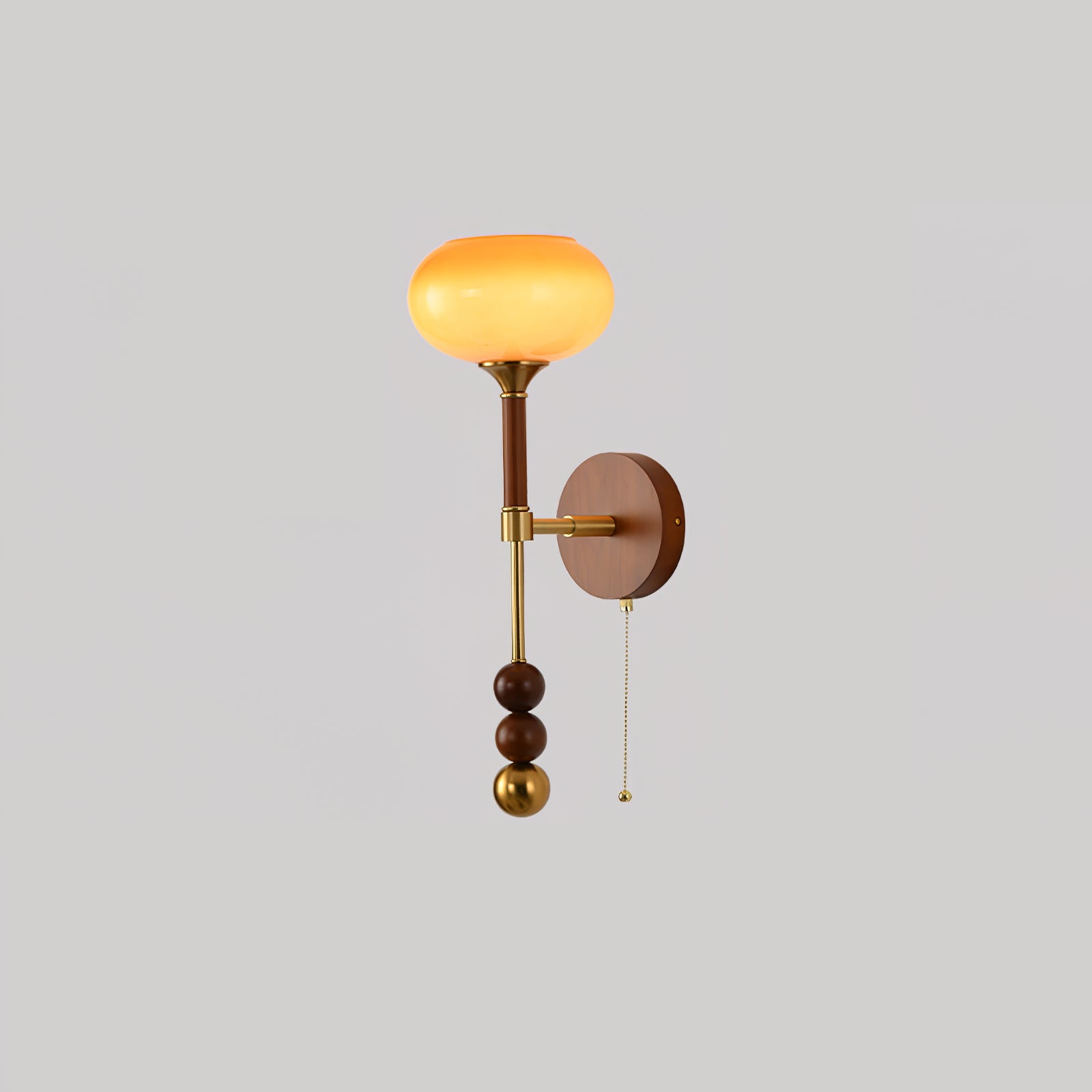 Vintage Roma Wood and Brass Wall Sconce with Glass Shade and Pull Chain Switch