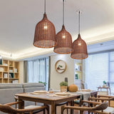Vintage Rustic Bell Shaped Woven Rattan Pendant Light 25 Inch Integrated LED Hanging Fixture