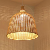 Vintage Rustic Bell Shaped Woven Rattan Pendant Light 25 Inch Integrated LED Hanging Fixture