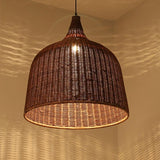 Vintage Rustic Bell Shaped Woven Rattan Pendant Light 25 Inch Integrated LED Hanging Fixture