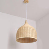 Vintage Rustic Bell Shaped Woven Rattan Pendant Light 25 Inch Integrated LED Hanging Fixture