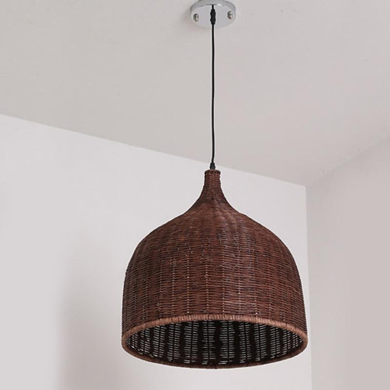 Vintage Rustic Bell Shaped Woven Rattan Pendant Light 25 Inch Integrated LED Hanging Fixture