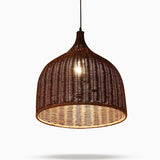 Vintage Rustic Bell Shaped Woven Rattan Pendant Light 25 Inch Integrated LED Hanging Fixture