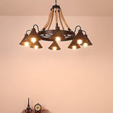 Vintage Rustic Iron Horn Chandelier with Natural Hemp Rope Industrial Ceiling Light