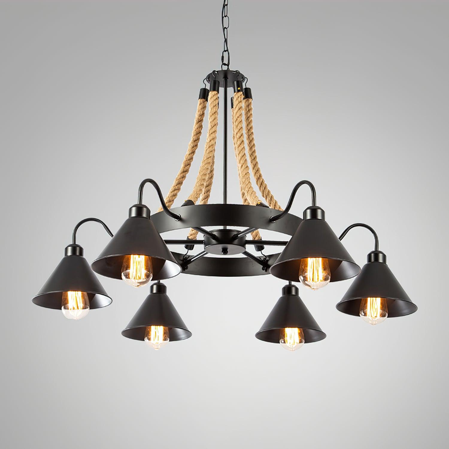 Vintage Rustic Iron Horn Chandelier with Natural Hemp Rope Industrial Ceiling Light