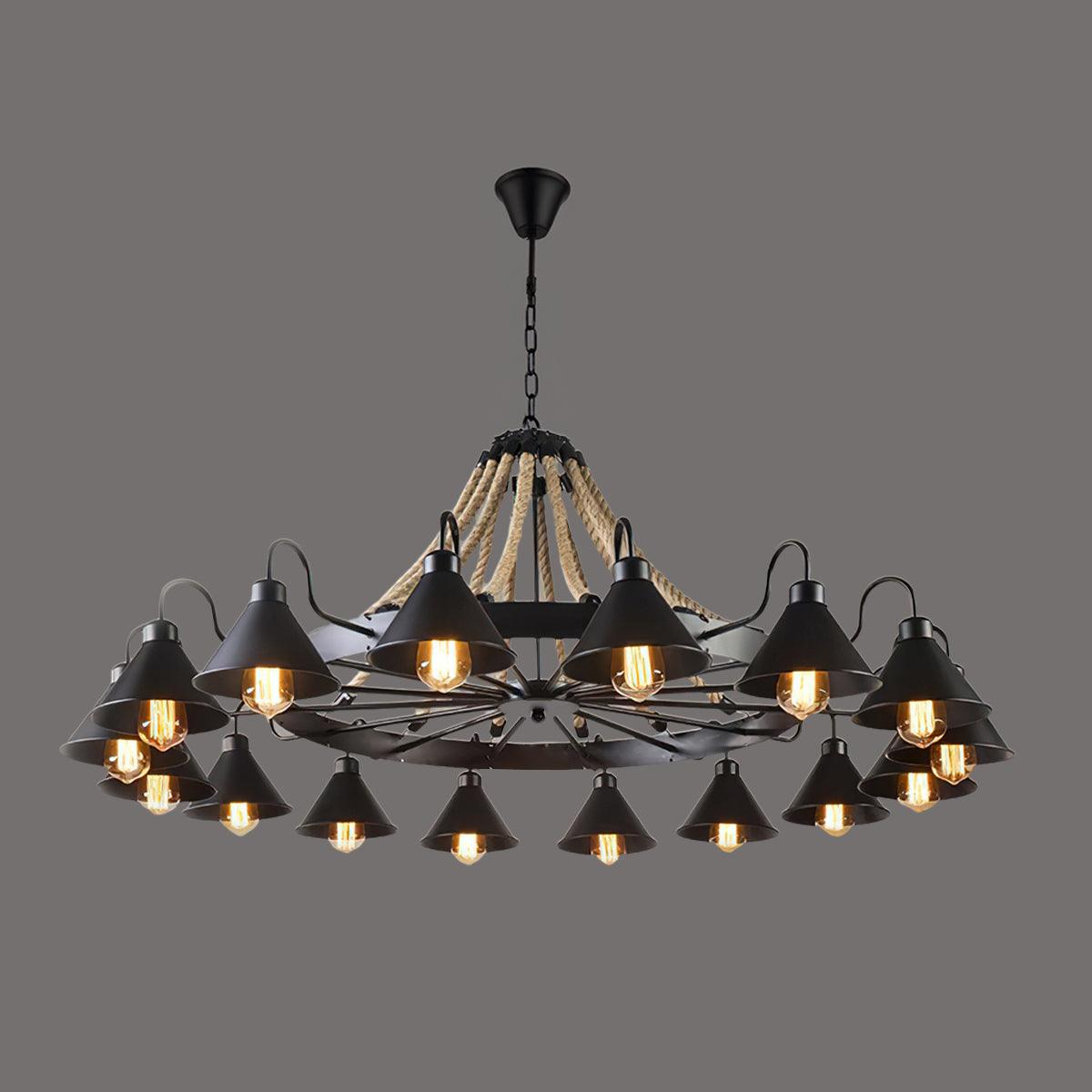 Vintage Rustic Iron Horn Chandelier with Natural Hemp Rope Industrial Ceiling Light