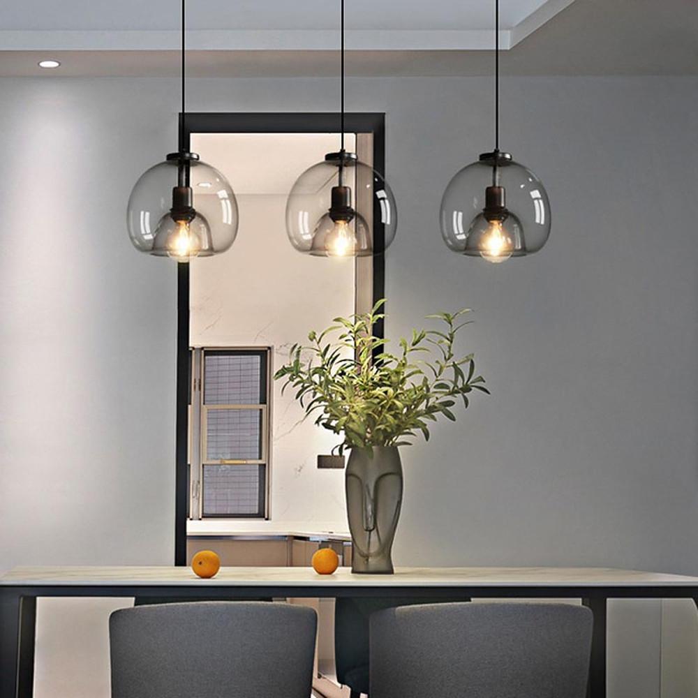 Vintage Smoked Round Glass Hanging Light Industrial Metal Pendant Lamp for Dining Room
