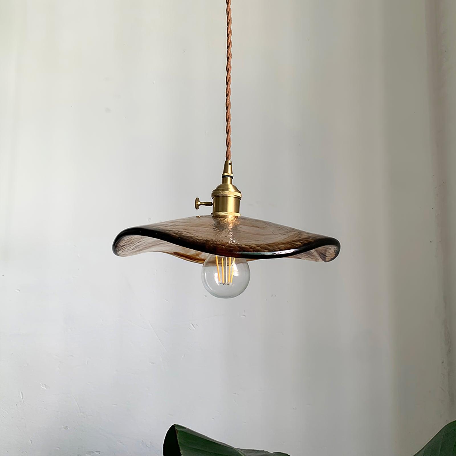 Vintage Style Brown Glass Flower Petal Hanging Light Fixture with Brass Accents