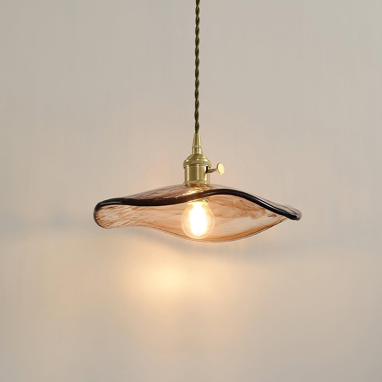 Vintage Style Brown Glass Flower Petal Hanging Light Fixture with Brass Accents