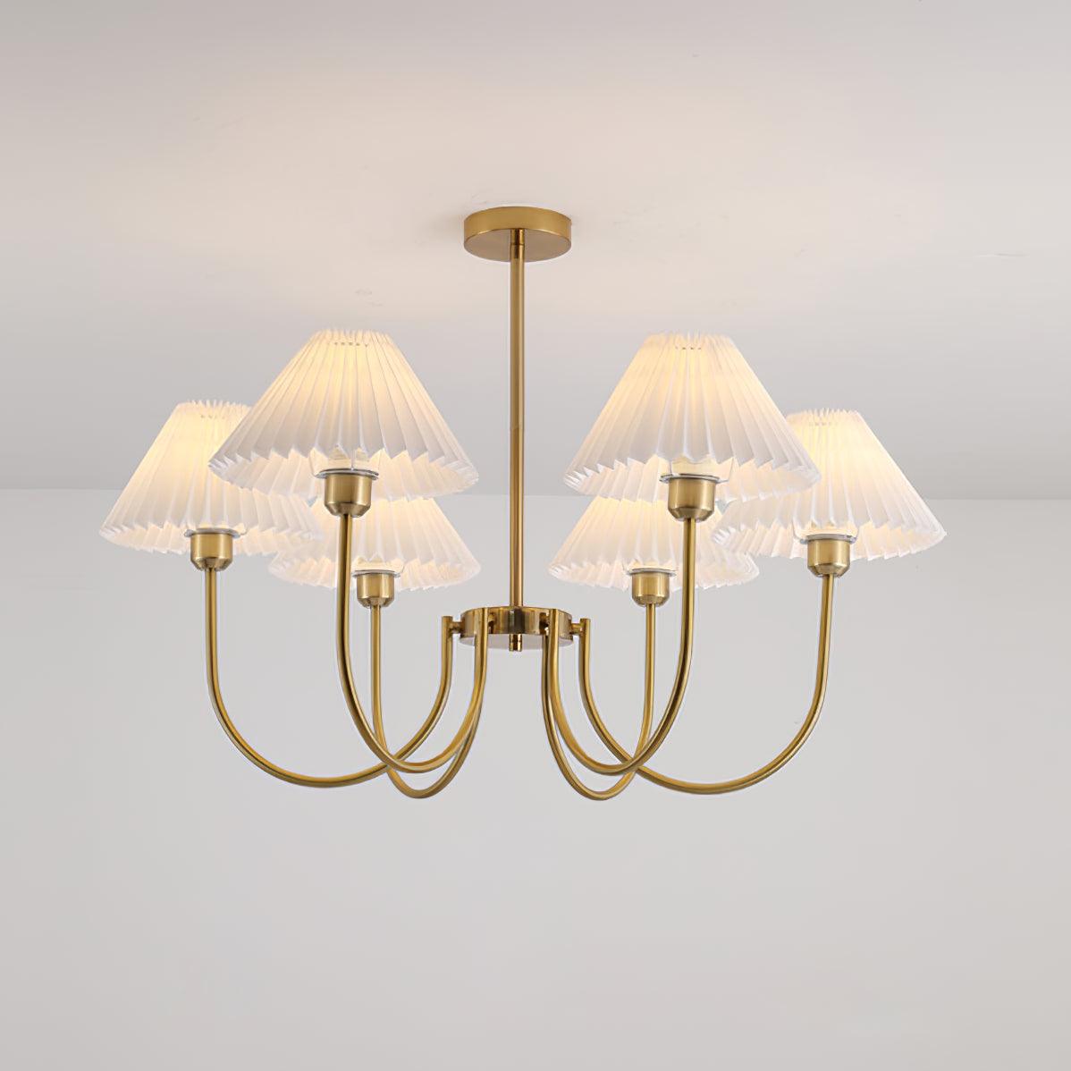 Vintage Style Pleated Linen Shade Chandelier with Gold Metal Arms and Elegant Candlestick Fixtures