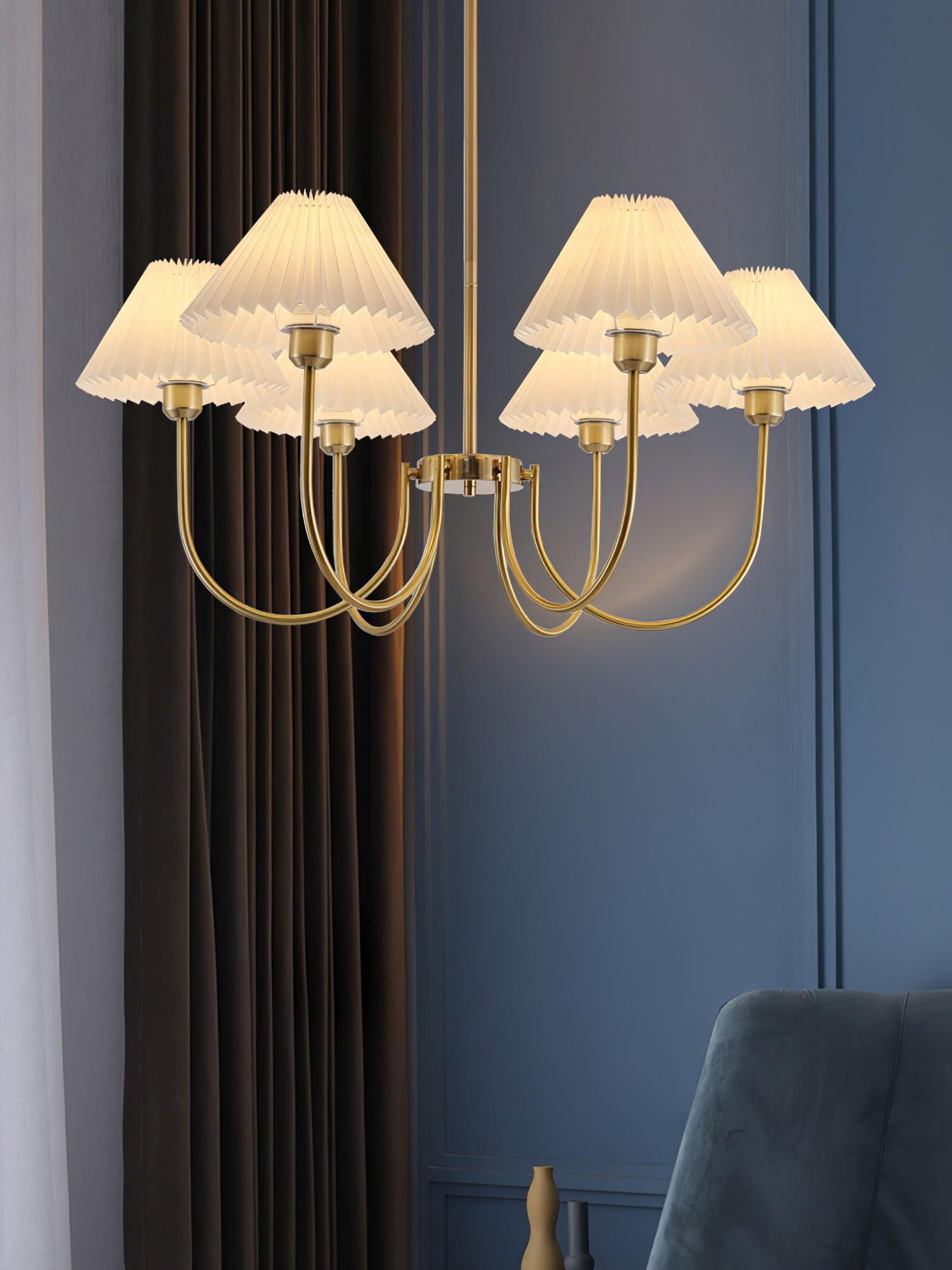 Vintage Style Pleated Linen Shade Chandelier with Gold Metal Arms and Elegant Candlestick Fixtures
