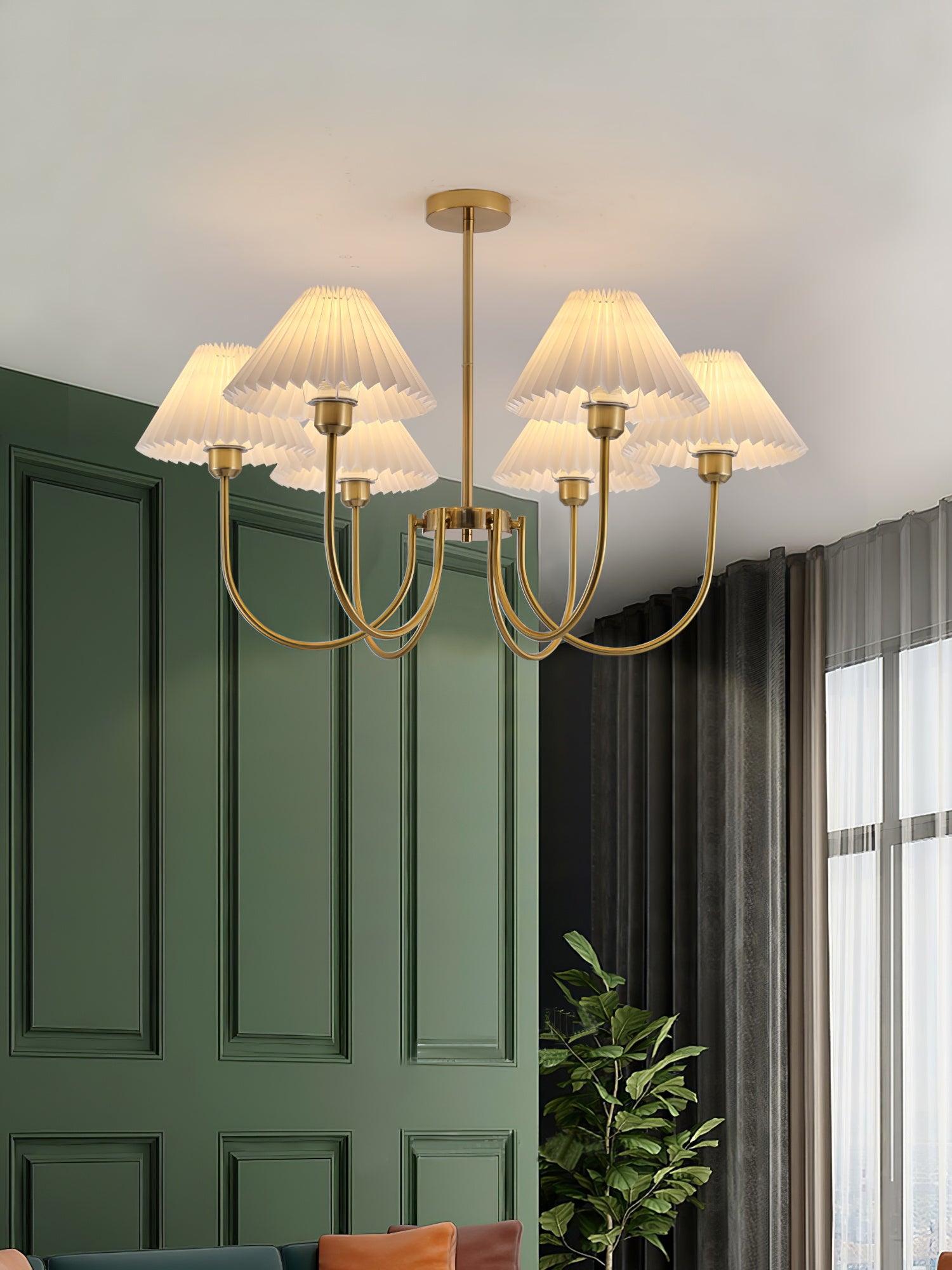 Vintage Style Pleated Linen Shade Chandelier with Gold Metal Arms and Elegant Candlestick Fixtures