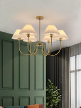Vintage Style Pleated Linen Shade Chandelier with Gold Metal Arms and Elegant Candlestick Fixtures