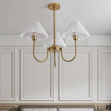 Vintage Style Pleated Linen Shade Chandelier with Gold Metal Arms and Elegant Candlestick Fixtures