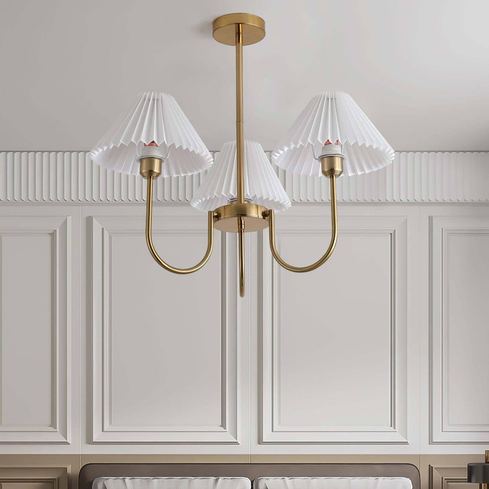 Vintage Style Pleated Linen Shade Chandelier with Gold Metal Arms and Elegant Candlestick Fixtures