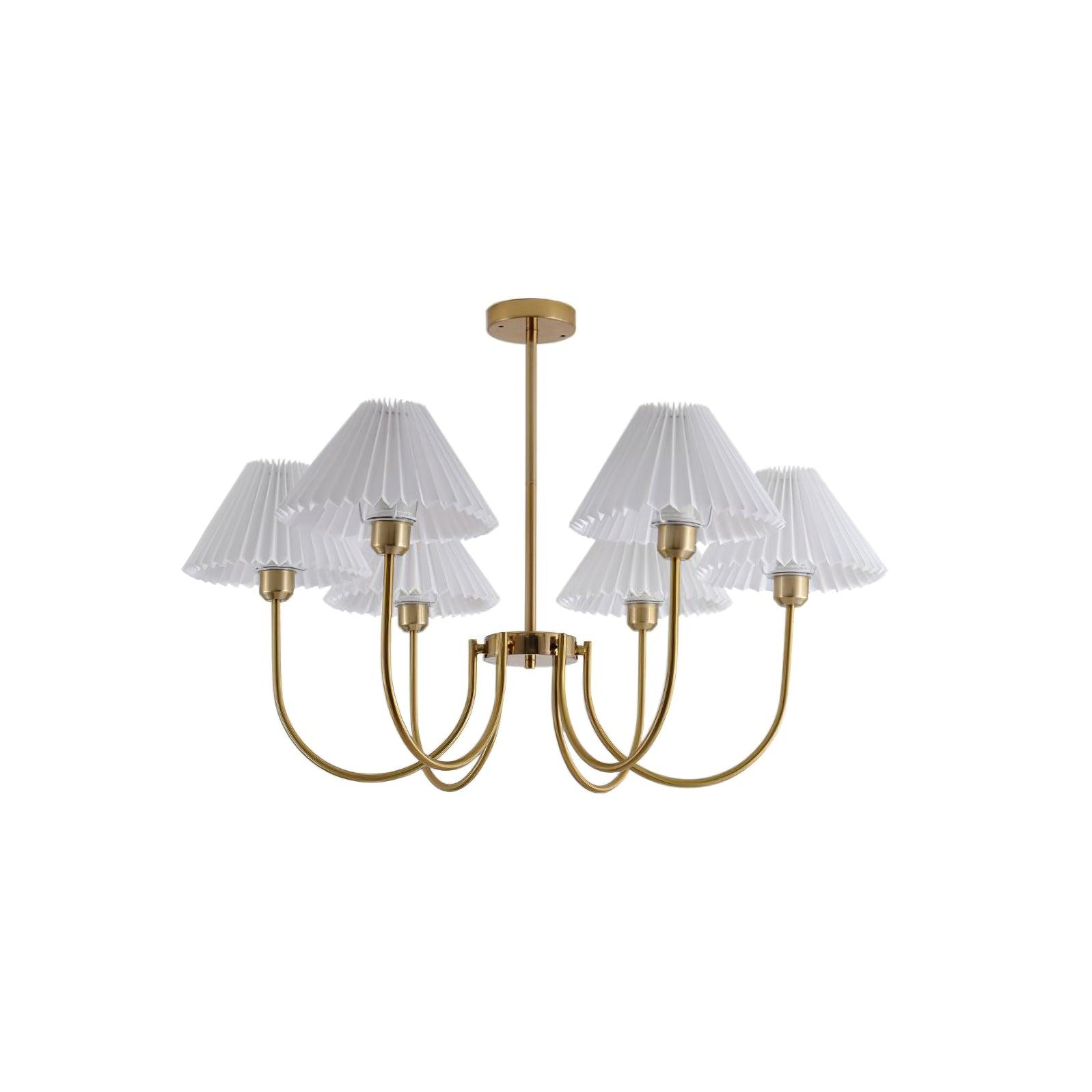 Vintage Style Pleated Linen Shade Chandelier with Gold Metal Arms and Elegant Candlestick Fixtures