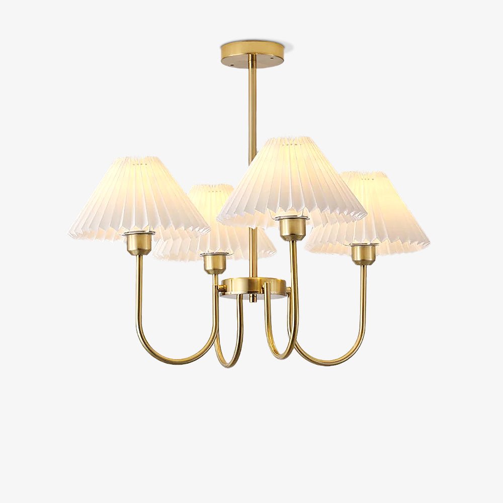 Vintage Style Pleated Linen Shade Chandelier with Gold Metal Arms and Elegant Candlestick Fixtures