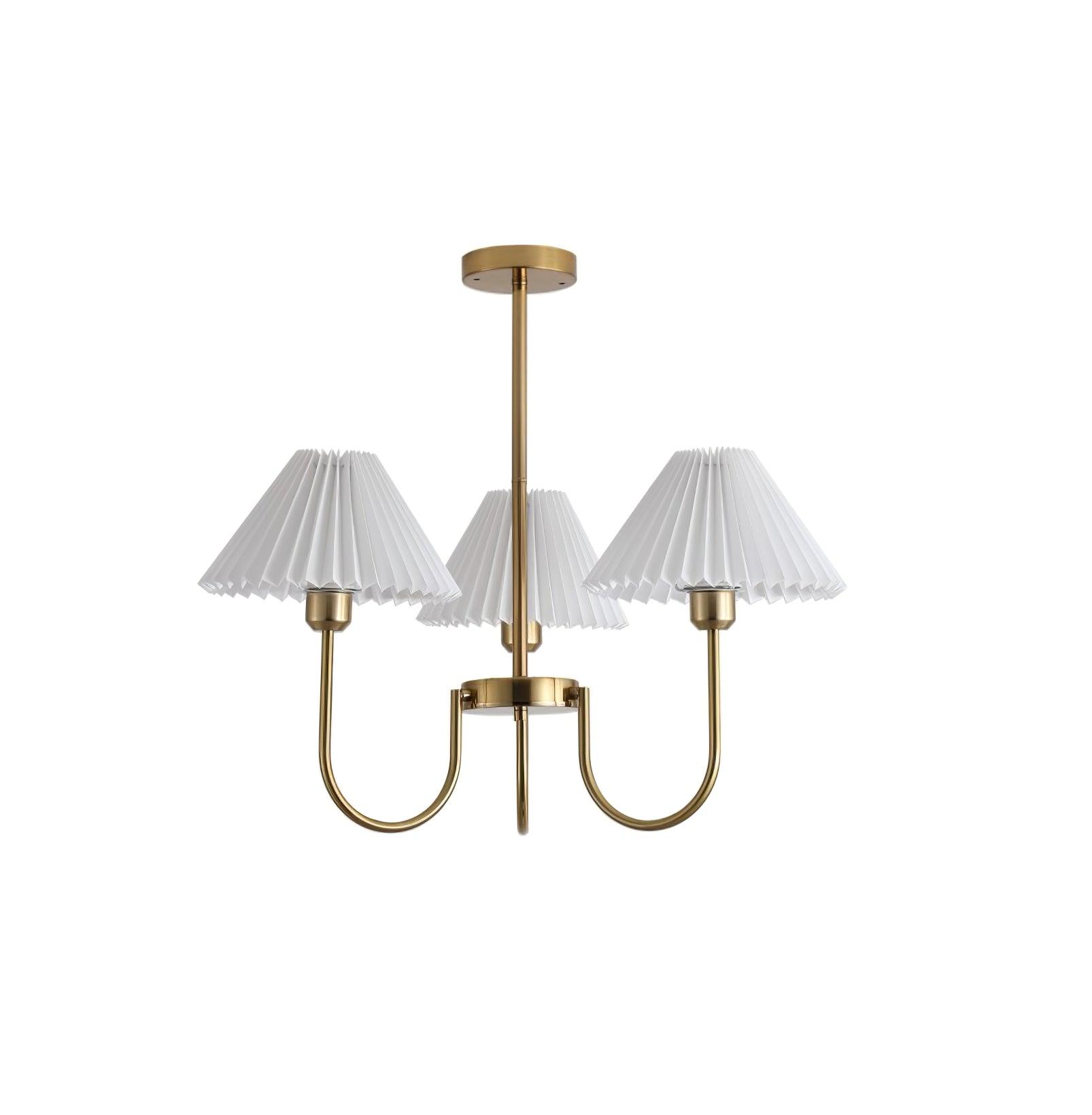 Vintage Style Pleated Linen Shade Chandelier with Gold Metal Arms and Elegant Candlestick Fixtures
