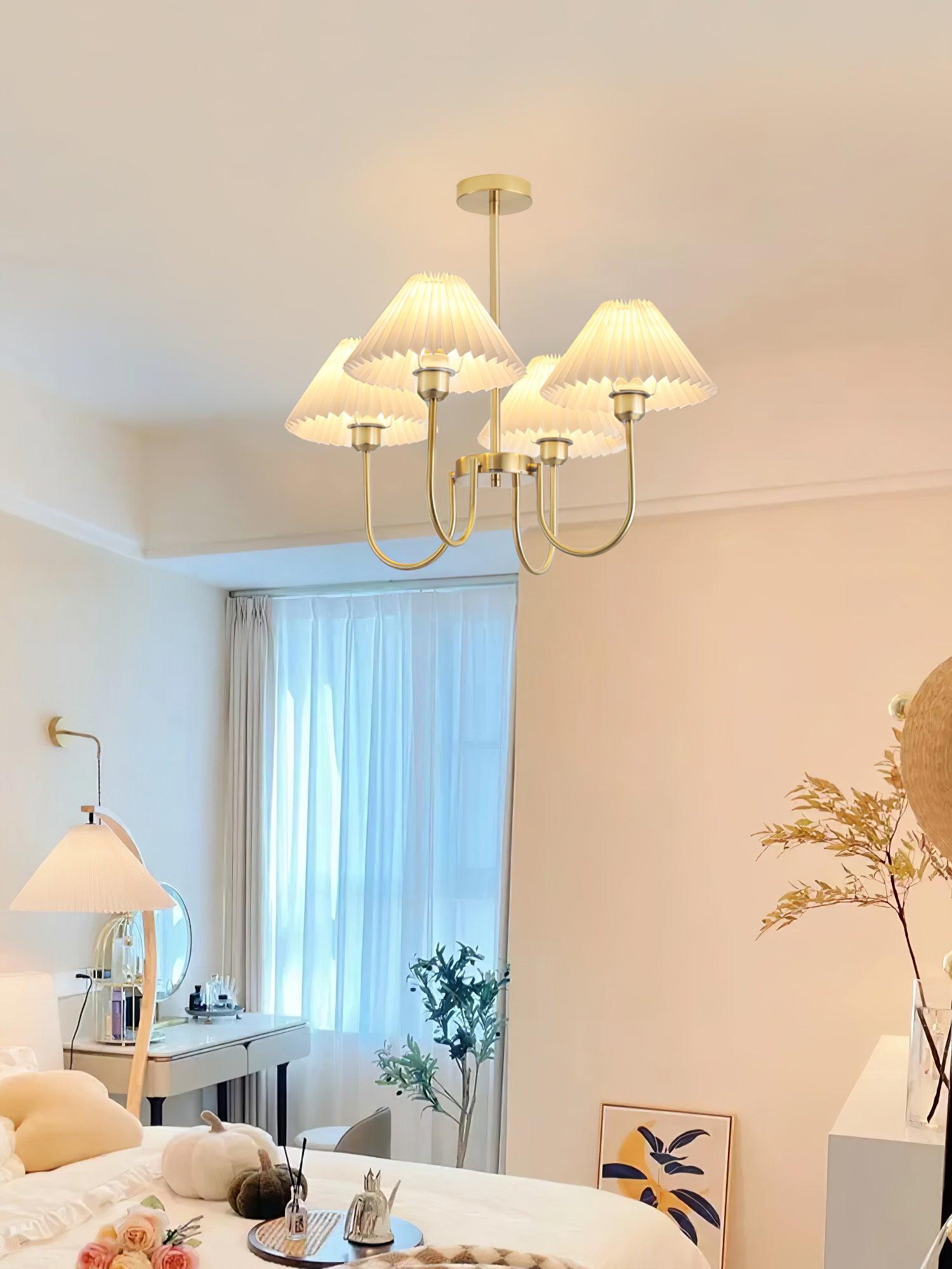 Vintage Style Pleated Linen Shade Chandelier with Gold Metal Arms and Elegant Candlestick Fixtures