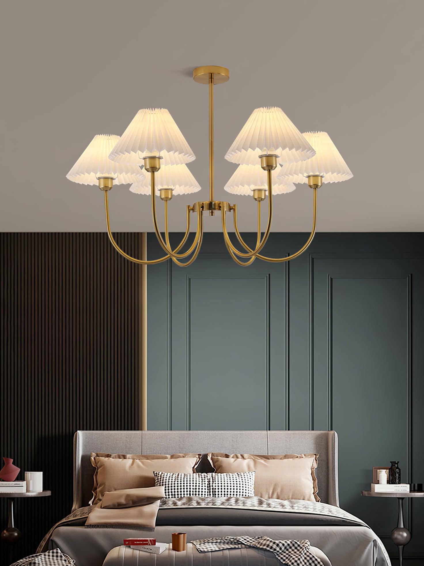 Vintage Style Pleated Linen Shade Chandelier with Gold Metal Arms and Elegant Candlestick Fixtures