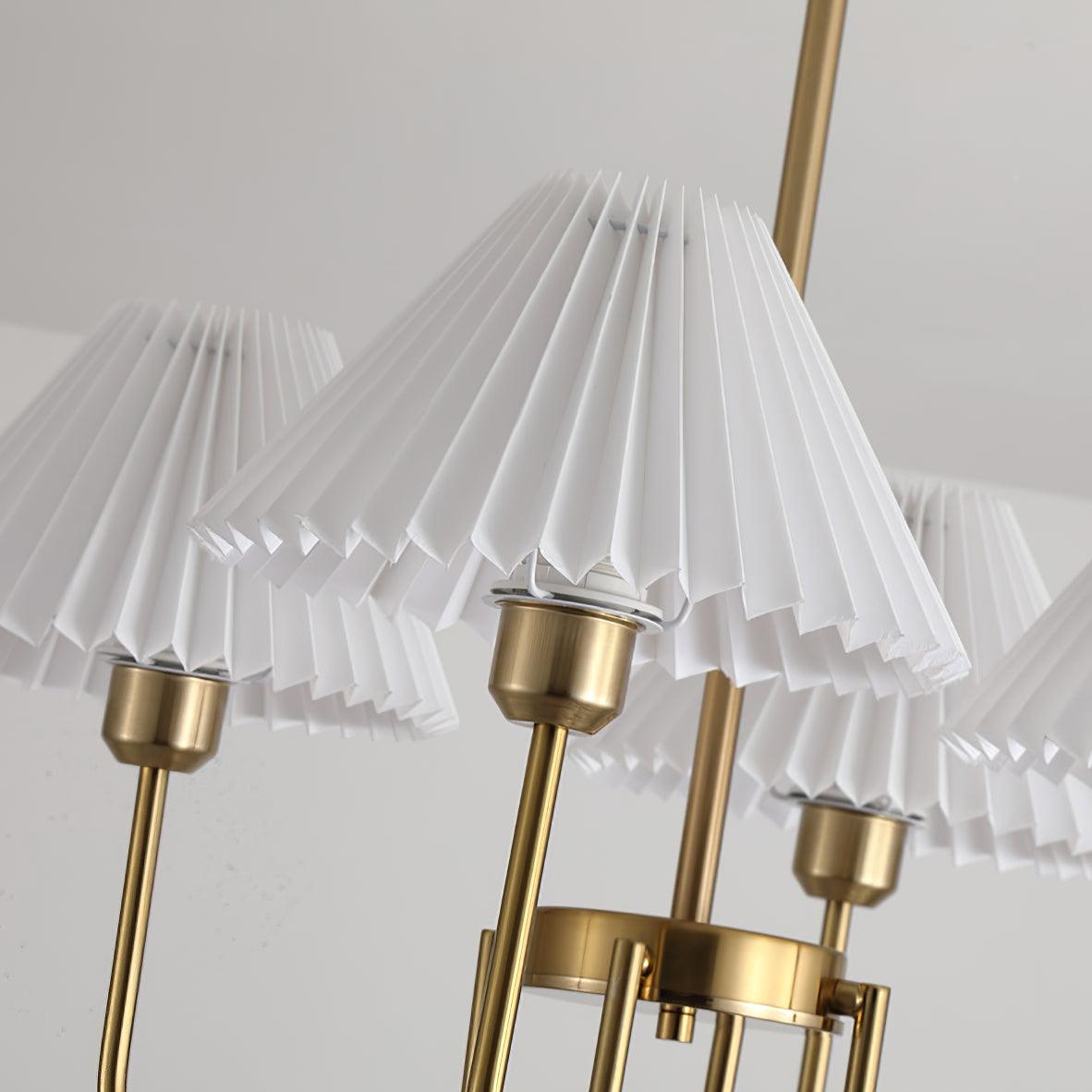 Vintage Style Pleated Linen Shade Chandelier with Gold Metal Arms and Elegant Candlestick Fixtures