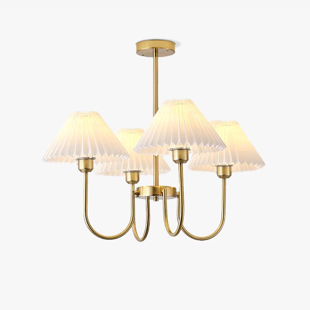 Vintage Style Pleated Linen Shade Chandelier with Gold Metal Arms and Elegant Candlestick Fixtures