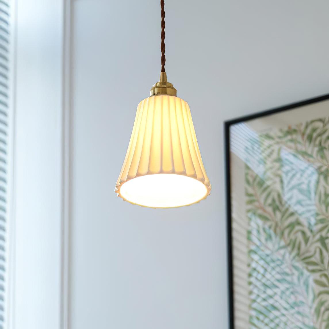 Vintage Trumpet Ceramic Pendant Light Brass Mid Century Modern Hanging Lamp