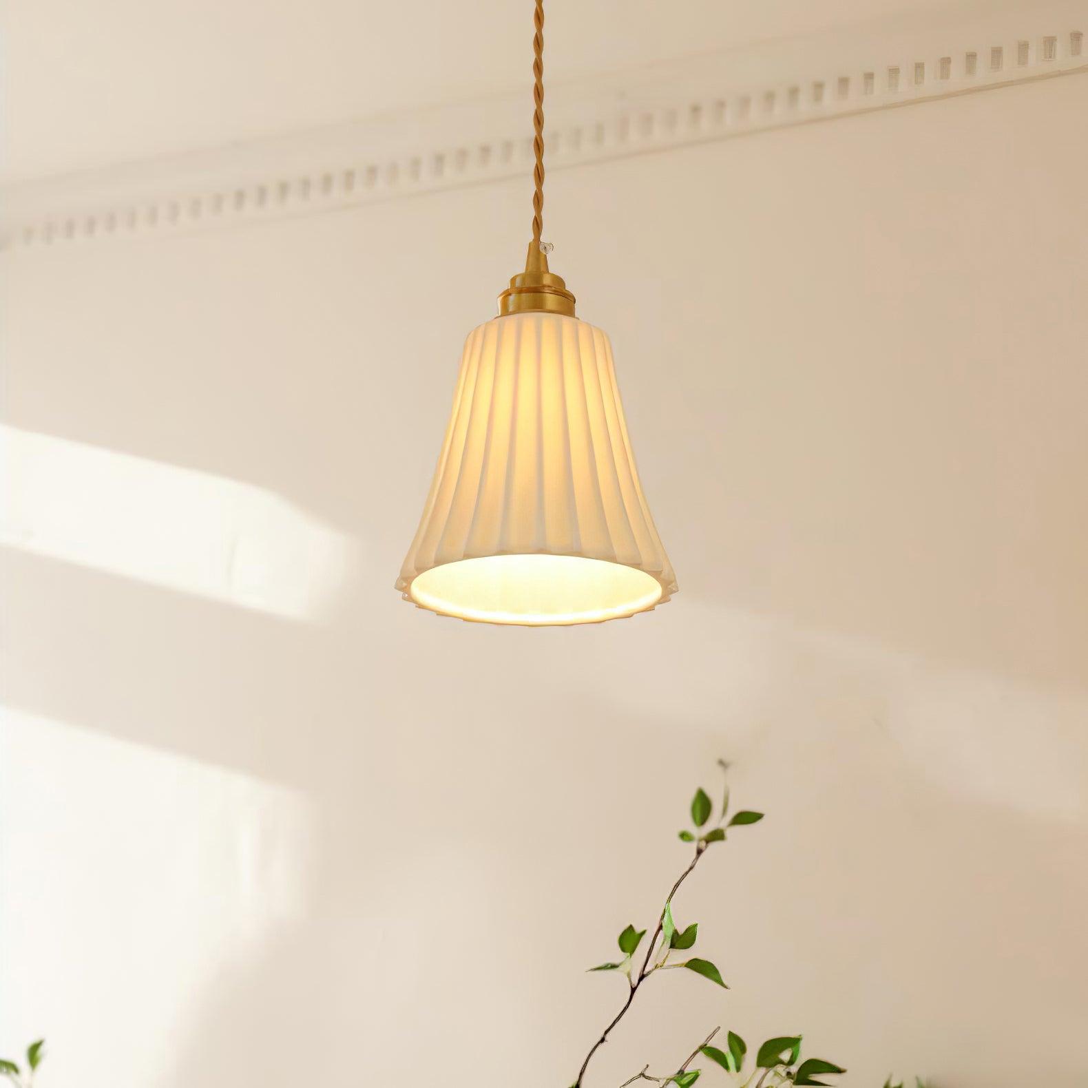 Vintage Trumpet Ceramic Pendant Light Brass Mid Century Modern Hanging Lamp
