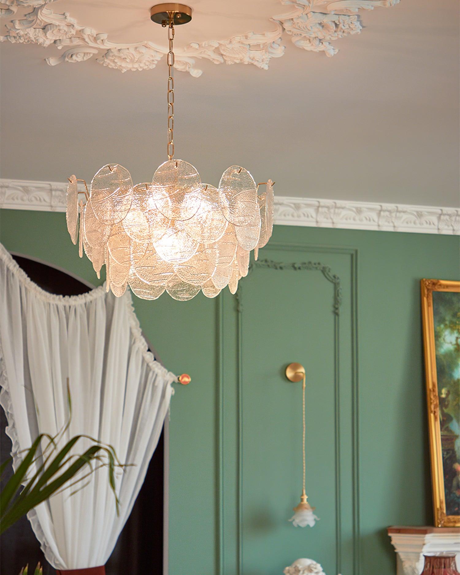 Vintage Victorian Disc Gasolier Ceiling Light with Clear Wavy Glass and Gold Metal Finish