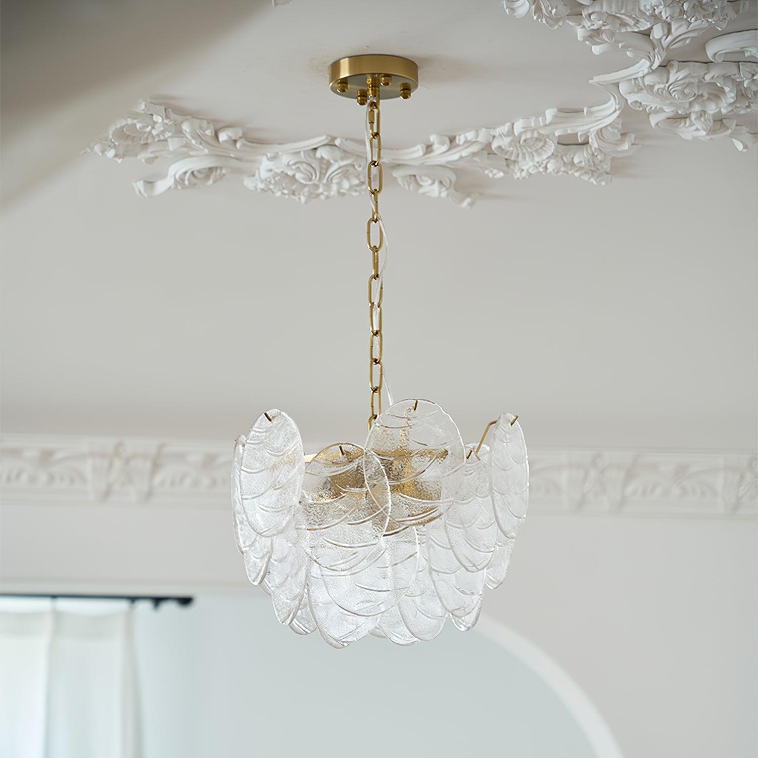 Vintage Victorian Disc Gasolier Ceiling Light with Clear Wavy Glass and Gold Metal Finish