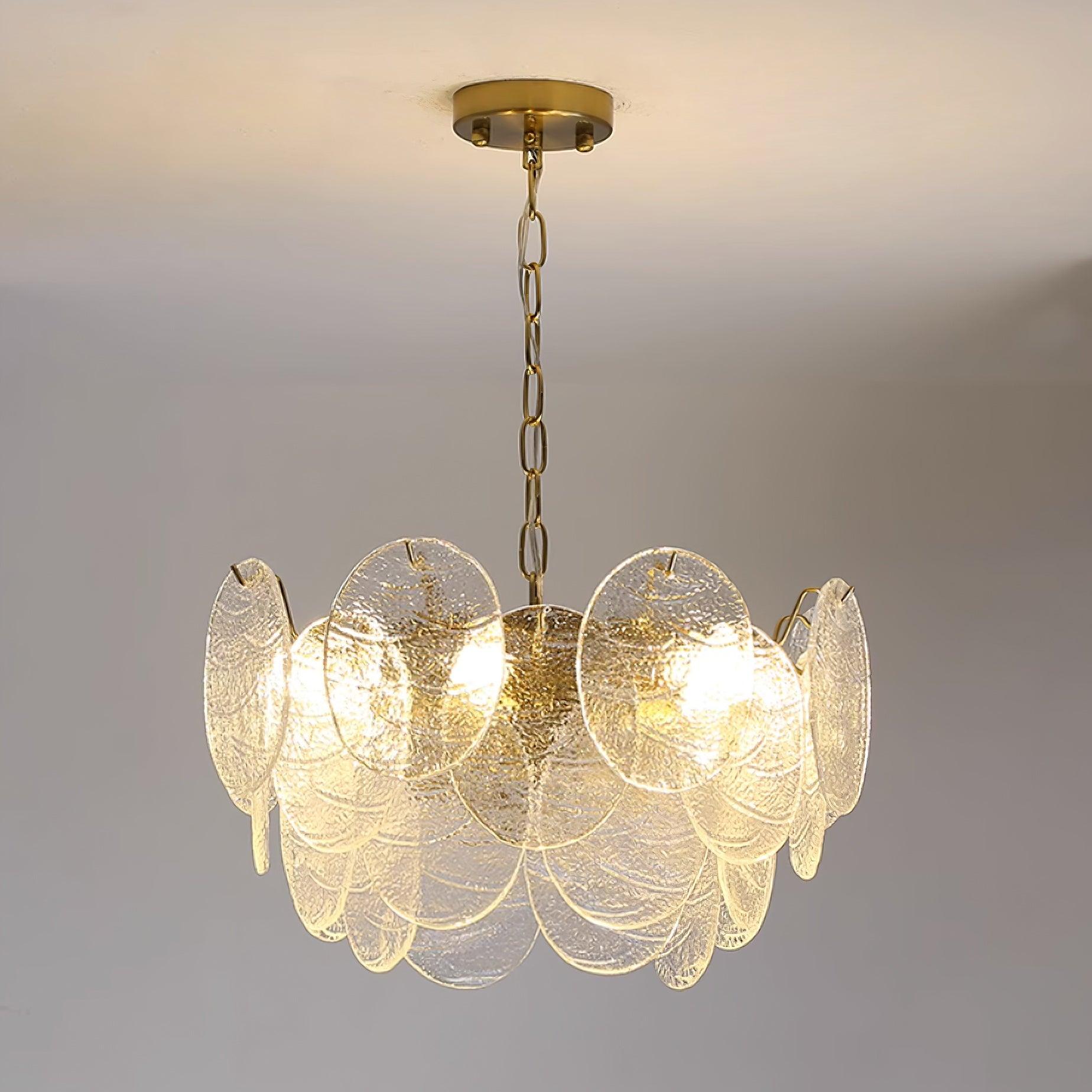 Vintage Victorian Disc Gasolier Ceiling Light with Clear Wavy Glass and Gold Metal Finish