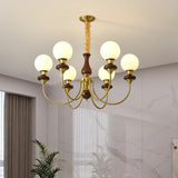 Vintage Walnut Wood and Solid Brass Gasolier Chandelier Retro Glass Globe Pendant Light
