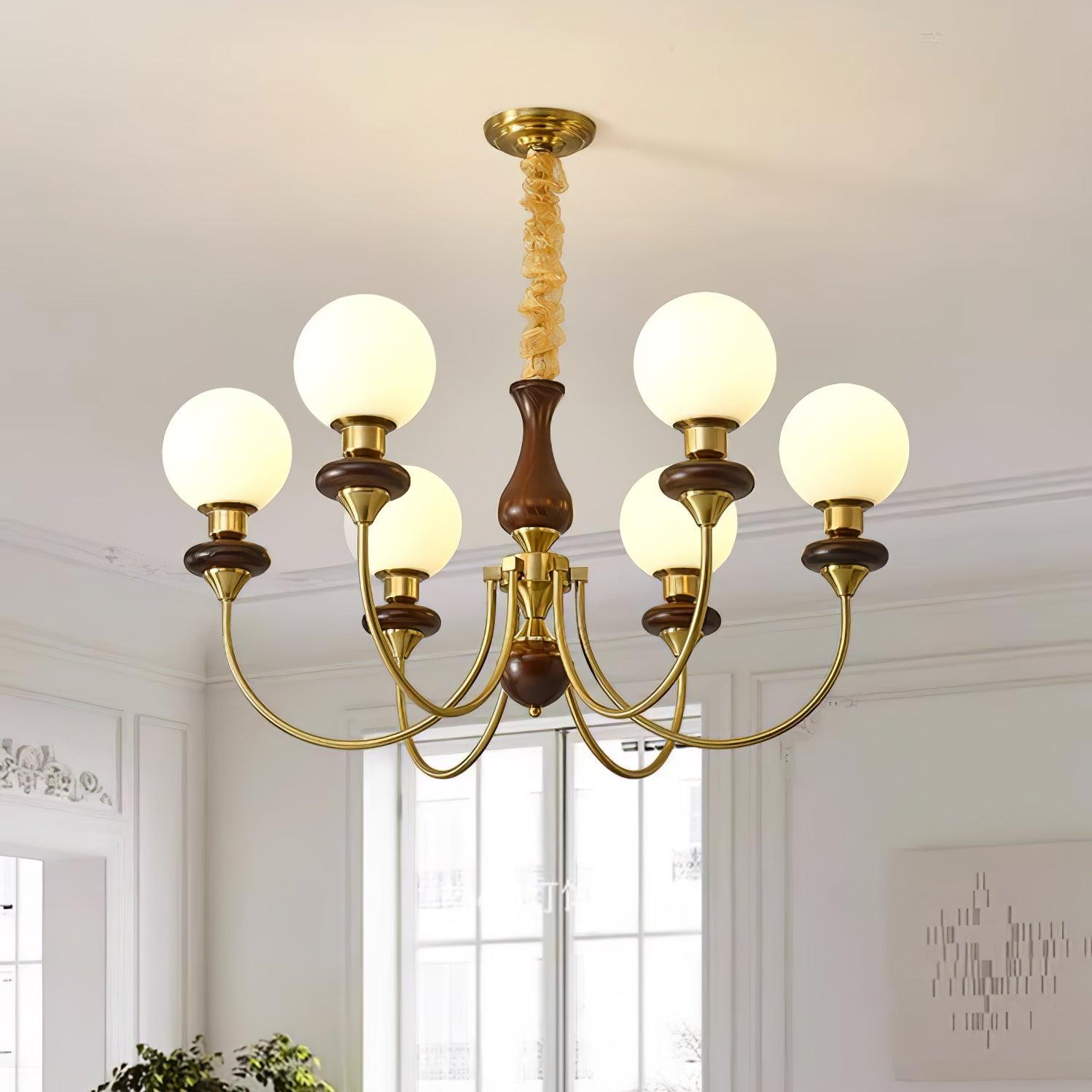 Vintage Walnut Wood and Solid Brass Gasolier Chandelier Retro Glass Globe Pendant Light
