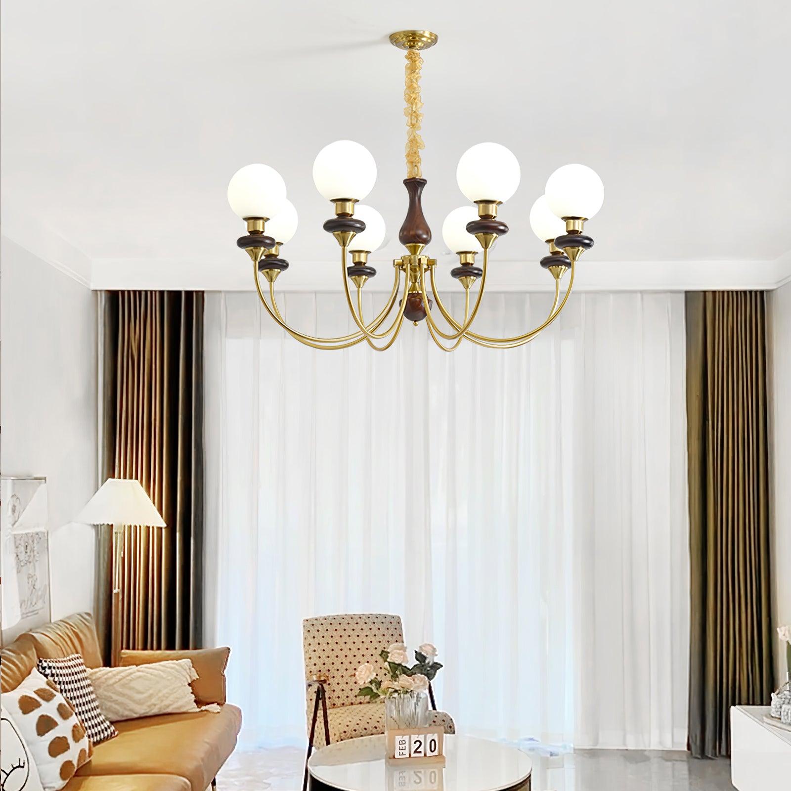 Vintage Walnut Wood and Solid Brass Gasolier Chandelier Retro Glass Globe Pendant Light