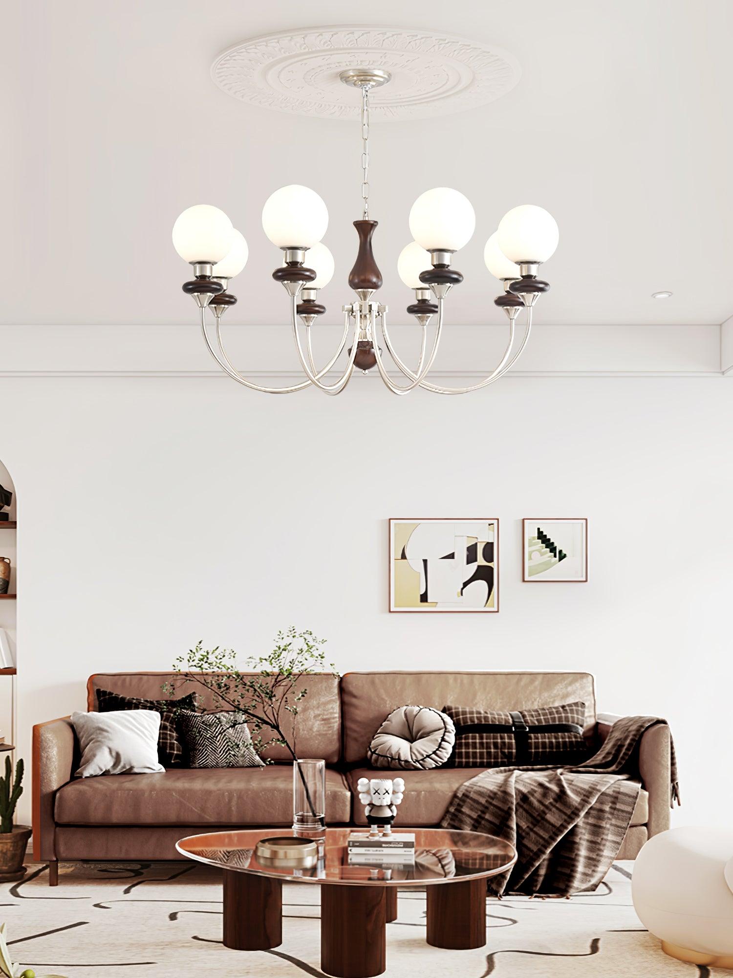 Vintage Walnut Wood and Solid Brass Gasolier Chandelier Retro Glass Globe Pendant Light