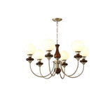 Vintage Walnut Wood and Solid Brass Gasolier Chandelier Retro Glass Globe Pendant Light